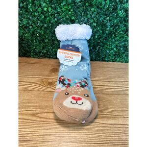 New Sherpa Lined Non-Slip Slipper Socks Reindeer Christmas Slippers One Size